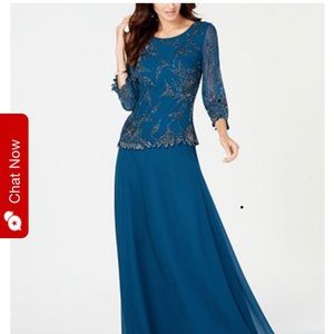 JKara Teal Beaded Chiffon Gown